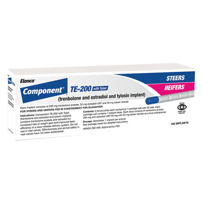 Component TE-200 with Tylan (Trenbolone and Estradiol and Tylosin) Steer / Heifer Implant, 100 Count