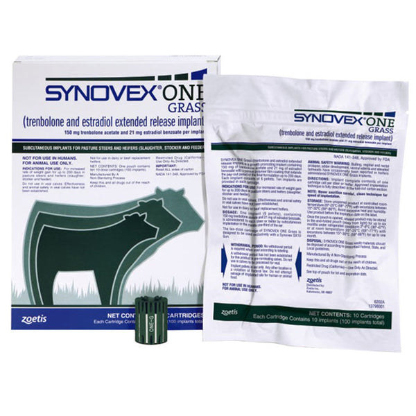Synovex One Grass (Trenbolone and Estradiol) Extended Release Implant for Pasture Steers and Heifers, 100 Count